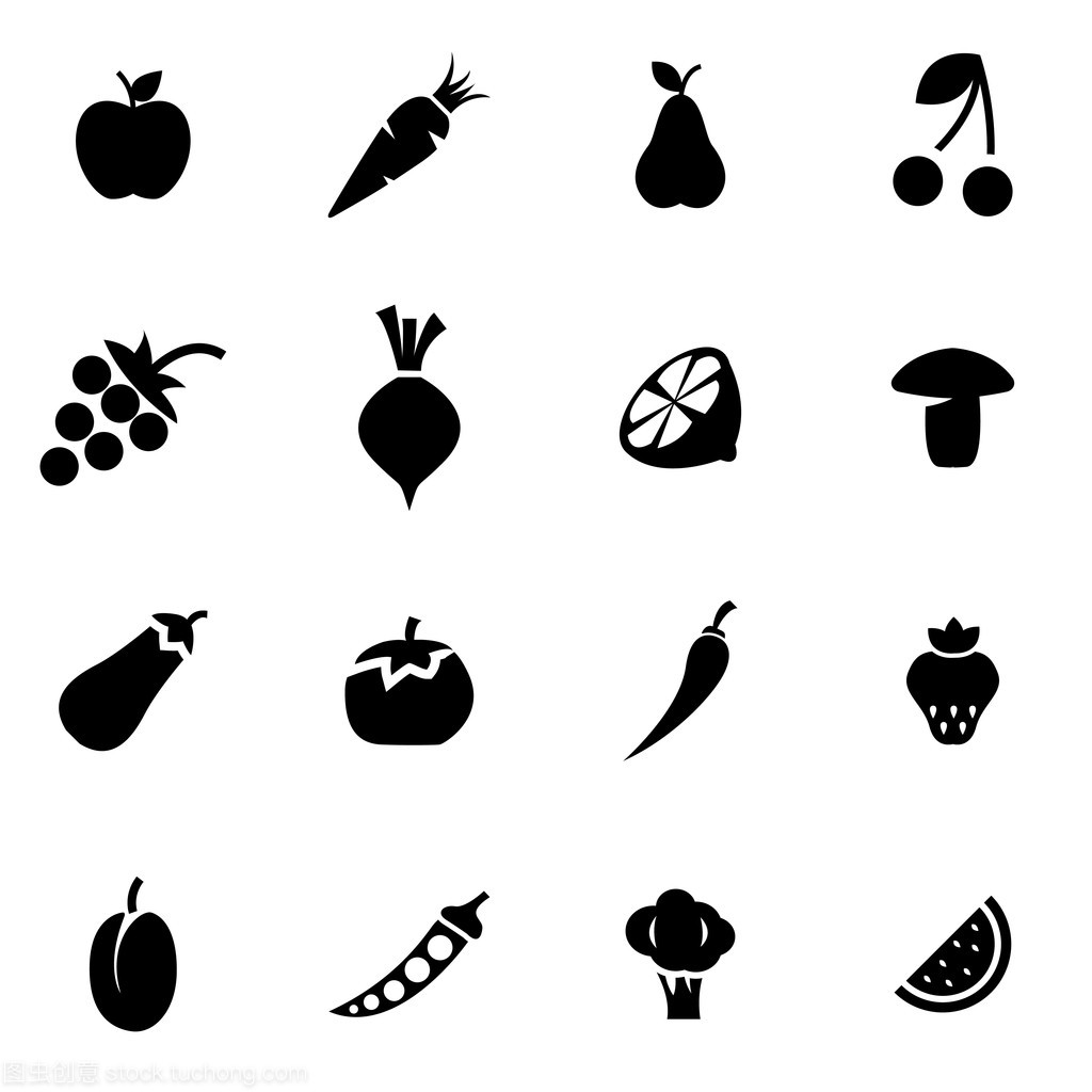 矢量黑色水果和蔬菜图标集